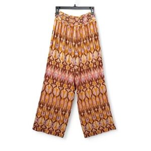 Boho Geometric Print Wide Leg Pants Medium Smocked Waist Festival Lounge